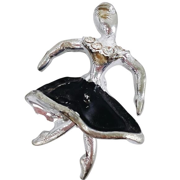 VTG 1950s Pin Ballerina Rhinestone Black Enamel Mid Century Brooch Silver Tone - Picture 1 of 11